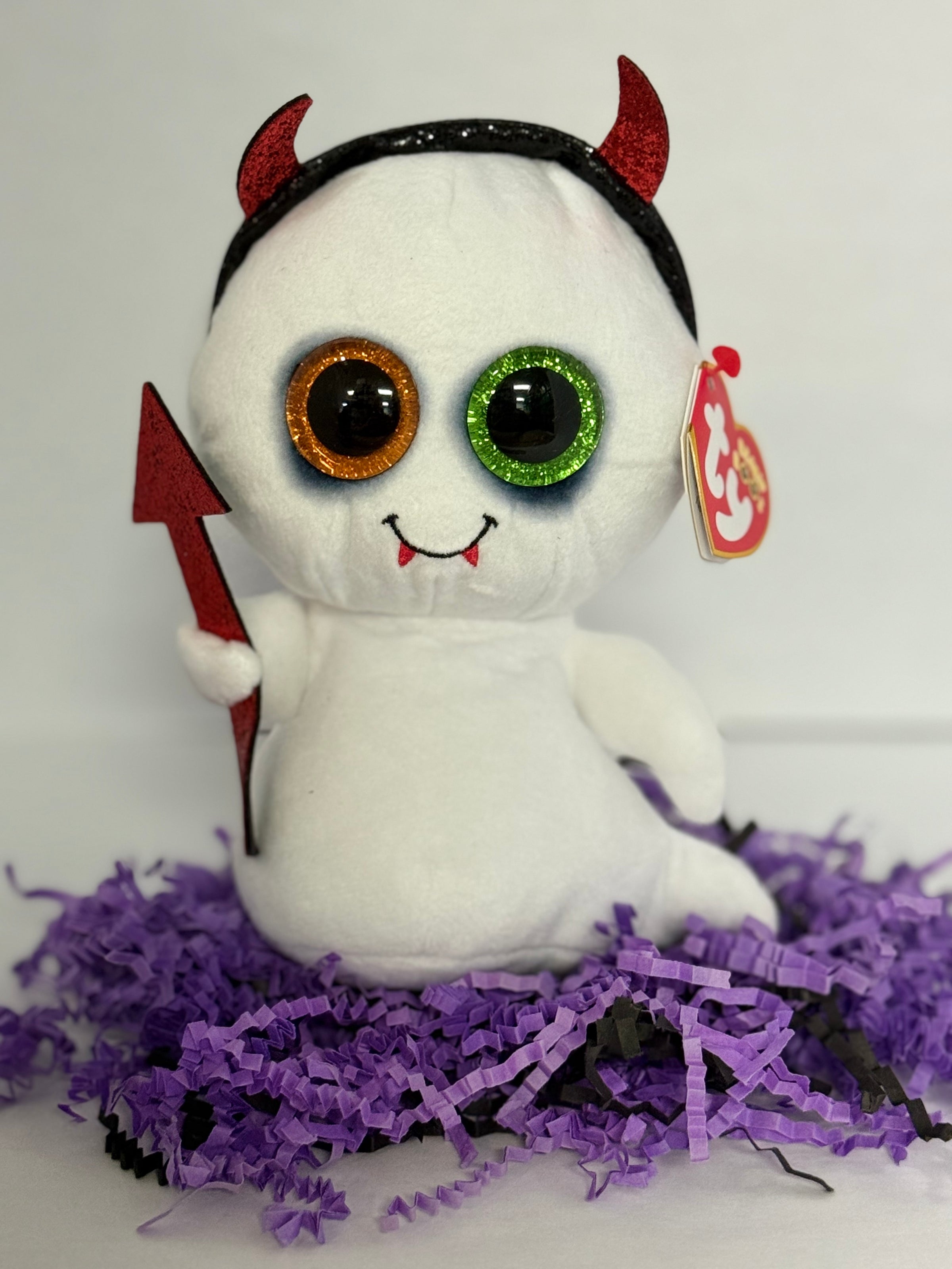 TY Halloween Tricky Ghost with Horns Regular Plush Beanie Boo Toy